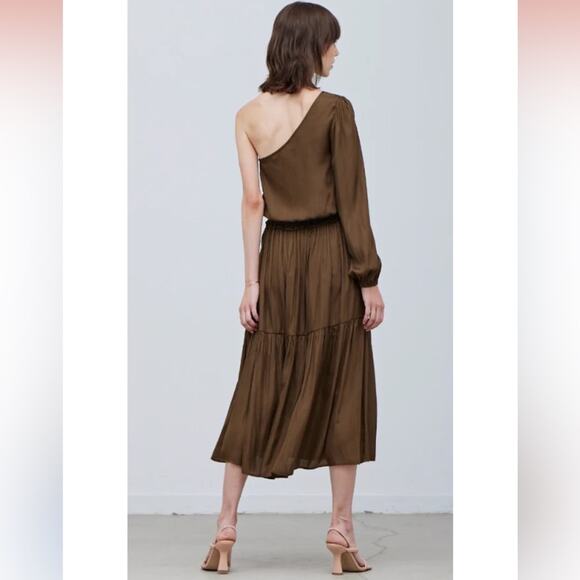Anthropologie Grade and Gather Starla one shoulder dress brown satin neutral - Picture 2 of 9